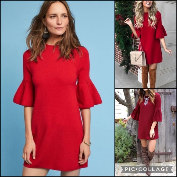 Anthro MOTH Red Bell Sleeve Rib Knit Mini Sweater Shift Dress Tunic - Picture 1 of 12